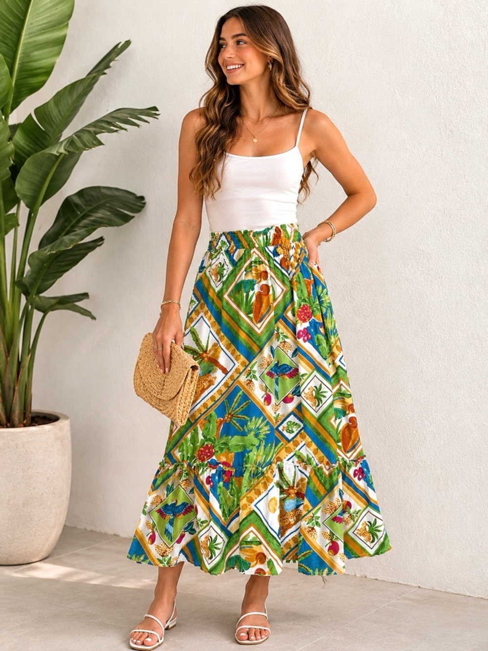 CHRISTIAN SIRIANO Linen Blend Midi Skirt Tropical Print Ruffle Hem Smock Waist